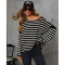 Versatile striped knitted sweater for women, loose shoulder hanging bat long sleeved top