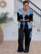 Fashion Street Spring and Autumn Casual Stripe Splicing Long Sleeve Pocket Strap Shirt Straight Leg Pants Set