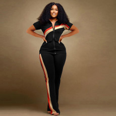 Women's casual and fashionable color blocking patchwork zipper pocket long sleeved pants sportswear
