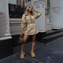 Spring and Autumn Drawstring Waist Mid length Windbreaker Women's Fashion Loose Casual Work Dress
