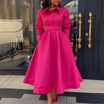 New style solid color lapel long sleeved A-line dress