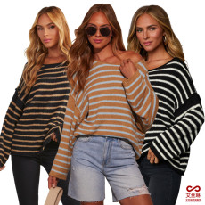 Versatile striped knitted sweater for women, loose shoulder hanging bat long sleeved top