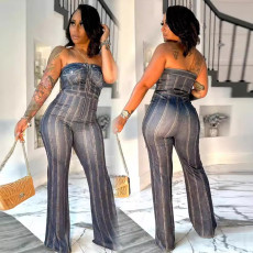 Imitation denim print sleeveless strapless elastic hip hugging wide leg jumpsuit