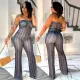 Imitation denim print sleeveless strapless elastic hip hugging wide leg jumpsuit
