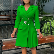 High waisted fashionable waist cinching waist pleat splicing mid length suit dress