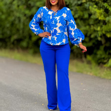 OL Fashion Printed Long Sleeve Top Wide Leg Pants Two Piece Set African Set