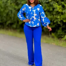 OL Fashion Printed Long Sleeve Top Wide Leg Pants Two Piece Set African Set