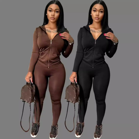 Women's fashion trend slim fit zipper cardigan hooded top long pants set
