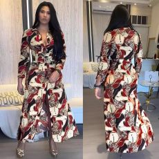Printed long button up side slit skirt