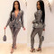 Slim fit fashion hot stamping long sleeved two-piece set with belt