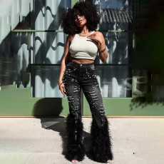 Artificial wool perforated nail bead elastic jeans