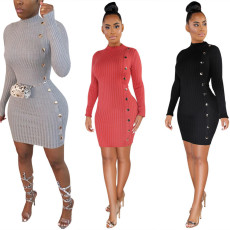 New solid color slim fit single breasted asymmetrical sweater dress