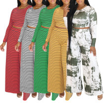 Stripe print set long sleeved T-shirt two-piece set