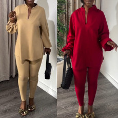 V-neck lantern sleeve hem slit shirt long pants two-piece set