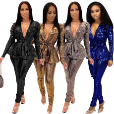 Slim fit fashion hot stamping long sleeved two-piece set with belt