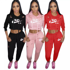 Classic European and American letter burned flower personalized slimming casual set