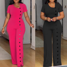 Irregular collar, waist cinched, wide leg breasted jumpsuit