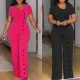 Irregular collar, waist cinched, wide leg breasted jumpsuit
