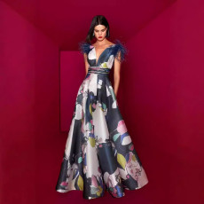 New backless dress with printed feather women's dress