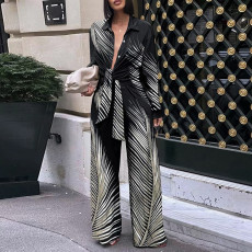 Fashion printed long sleeved long pants casual shirt two-piece set