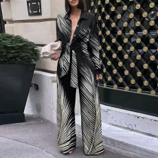 Fashion printed long sleeved long pants casual shirt two-piece set