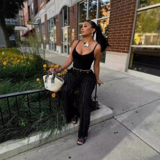 Women's fashionable and sexy slim fitting camisole jumpsuit, street gorgeous loose mesh pants set
