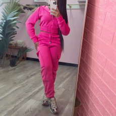 Women's fashionable and simple hooded warm long sleeved sweatshirt with large pockets and sweatpants set