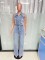 Tight waist slim fit elastic wash denim jumpsuit straight tube loose jumpsuit