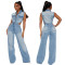 Tight waist slim fit elastic wash denim jumpsuit straight tube loose jumpsuit