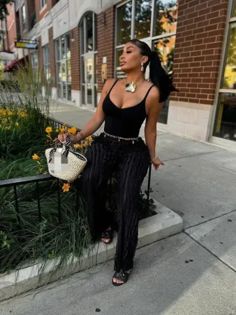 Women's fashionable and sexy slim fitting camisole jumpsuit, street gorgeous loose mesh pants set