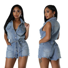High stretch short sleeved loose washed denim jumpsuit