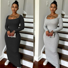 Fashionable and generous collar solid color long sleeved striped soft warm fabric threaded dress