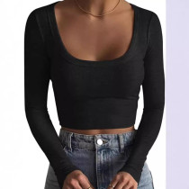 New autumn and winter ribbed slim fit large U-neck long sleeved top base coat