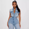 Tight waist slim fit elastic wash denim jumpsuit straight tube loose jumpsuit