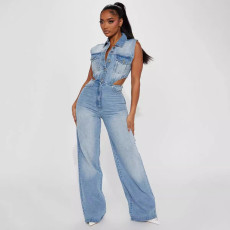 Tight waist slim fit elastic wash denim jumpsuit straight tube loose jumpsuit