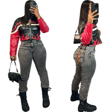 Beautiful women's embroidered flame splicing motorcycle jacket leather jacket (including lining)