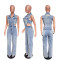 Tight waist slim fit elastic wash denim jumpsuit straight tube loose jumpsuit