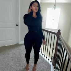 Women's Fashion Round Neck Ribbed Casual Sexy Sports Trendy Street Fashion Set