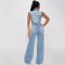 Tight waist slim fit elastic wash denim jumpsuit straight tube loose jumpsuit