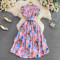 Gentle style stand up collar cinched waist slimming print A-line large swing dress