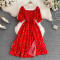 Summer new French gentle style sweet square neck bubble short sleeved waist slimming slit A-line dress