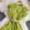 Gentle style stand up collar cinched waist slimming print A-line large swing dress