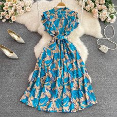 Gentle style stand up collar cinched waist slimming print A-line large swing dress