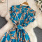 Gentle style stand up collar cinched waist slimming print A-line large swing dress