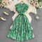Gentle style stand up collar cinched waist slimming print A-line large swing dress