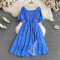Summer new French gentle style sweet square neck bubble short sleeved waist slimming slit A-line dress