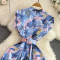 Gentle style stand up collar cinched waist slimming print A-line large swing dress
