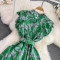 Gentle style stand up collar cinched waist slimming print A-line large swing dress