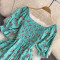 Summer new French gentle style sweet square neck bubble short sleeved waist slimming slit A-line dress
