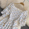 Summer new French gentle style sweet square neck bubble short sleeved waist slimming slit A-line dress